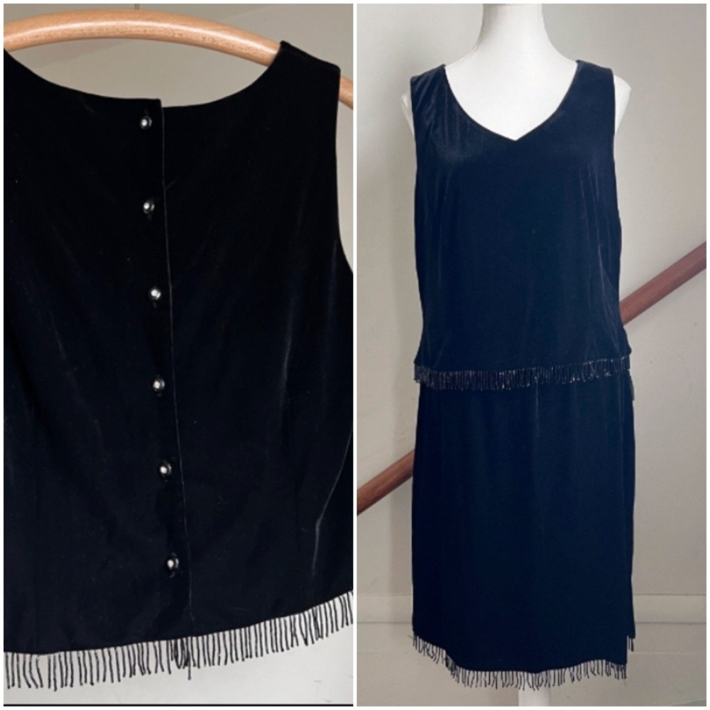 Vintage 90s‎ Black Velvet Beaded Fringe Tank Skirt Set Size L Flapper Co-ord